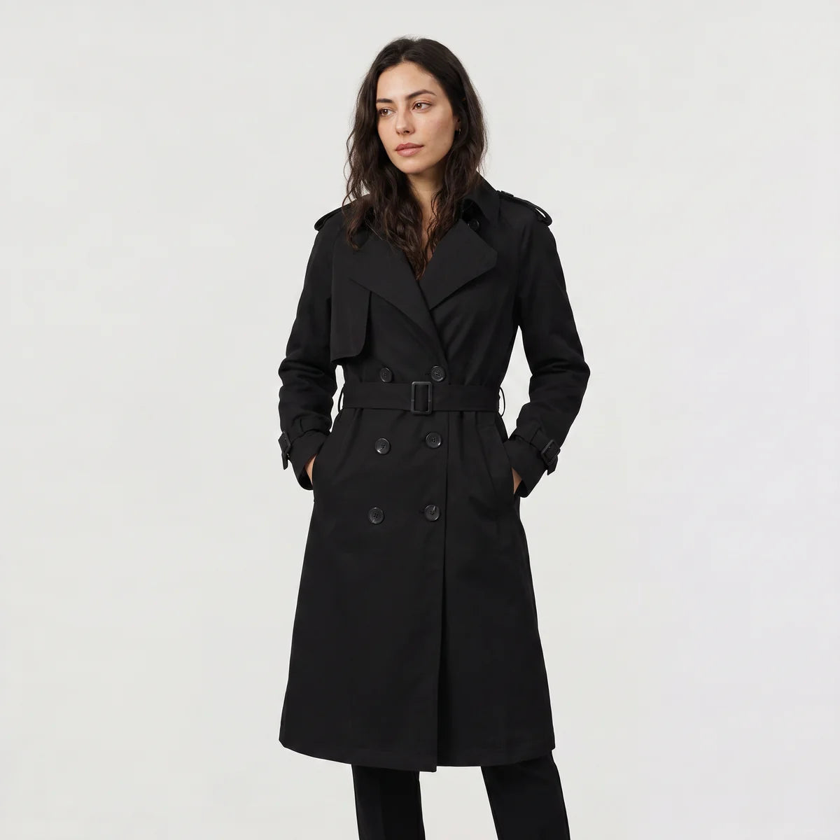 Women's Double-Breasted Belted Trench Coat – Classic Knee Length | Nero & Luya