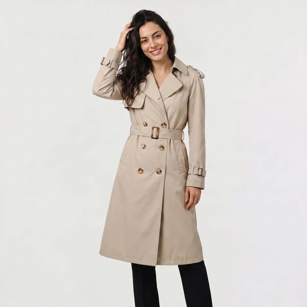Women's Double-Breasted Belted Trench Coat – Classic Knee Length | Nero & Luya