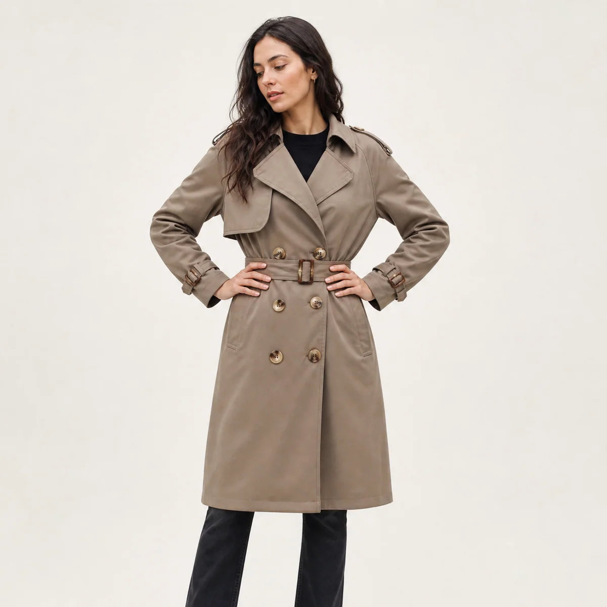 Women's Double-Breasted Belted Trench Coat – Classic Knee Length | Nero & Luya
