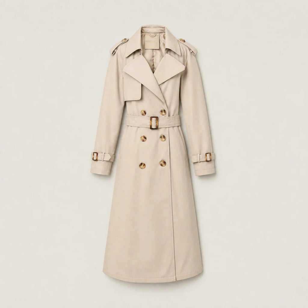 Women's Double-Breasted Belted Trench Coat – Classic Knee Length | Nero & Luya