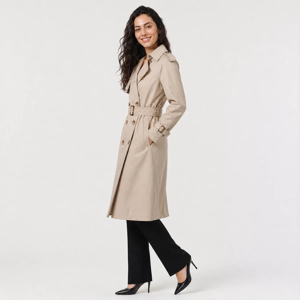 Women's Double-Breasted Belted Trench Coat – Classic Knee Length | Nero & Luya