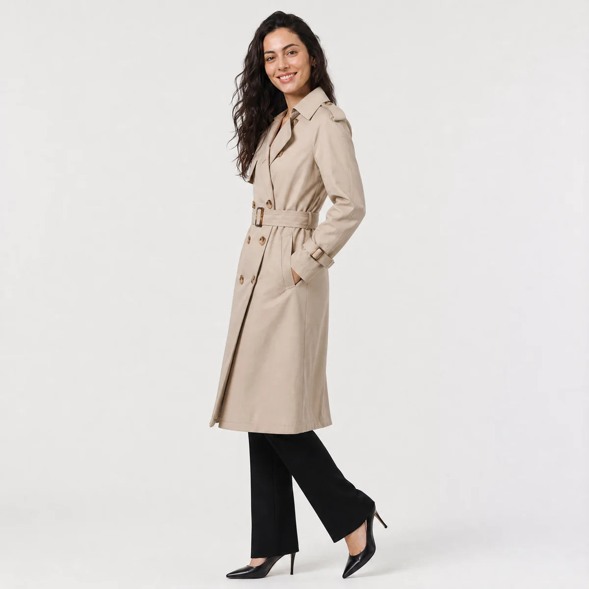 Women's Double-Breasted Belted Trench Coat – Classic Knee Length | Nero & Luya