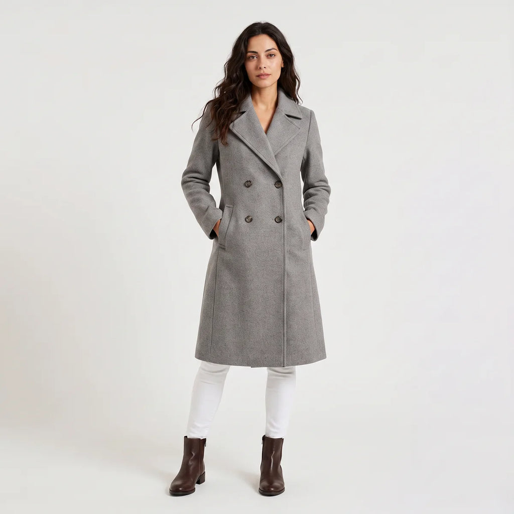 Women's Double-Breasted Tailored Long Coat – Notched Lapel | Nero & Luya