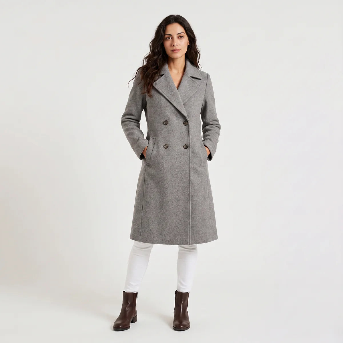 Women's Double-Breasted Tailored Long Coat – Notched Lapel | Nero & Luya