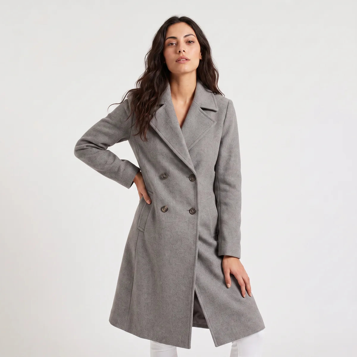 Women's Double-Breasted Tailored Long Coat – Notched Lapel | Nero & Luya