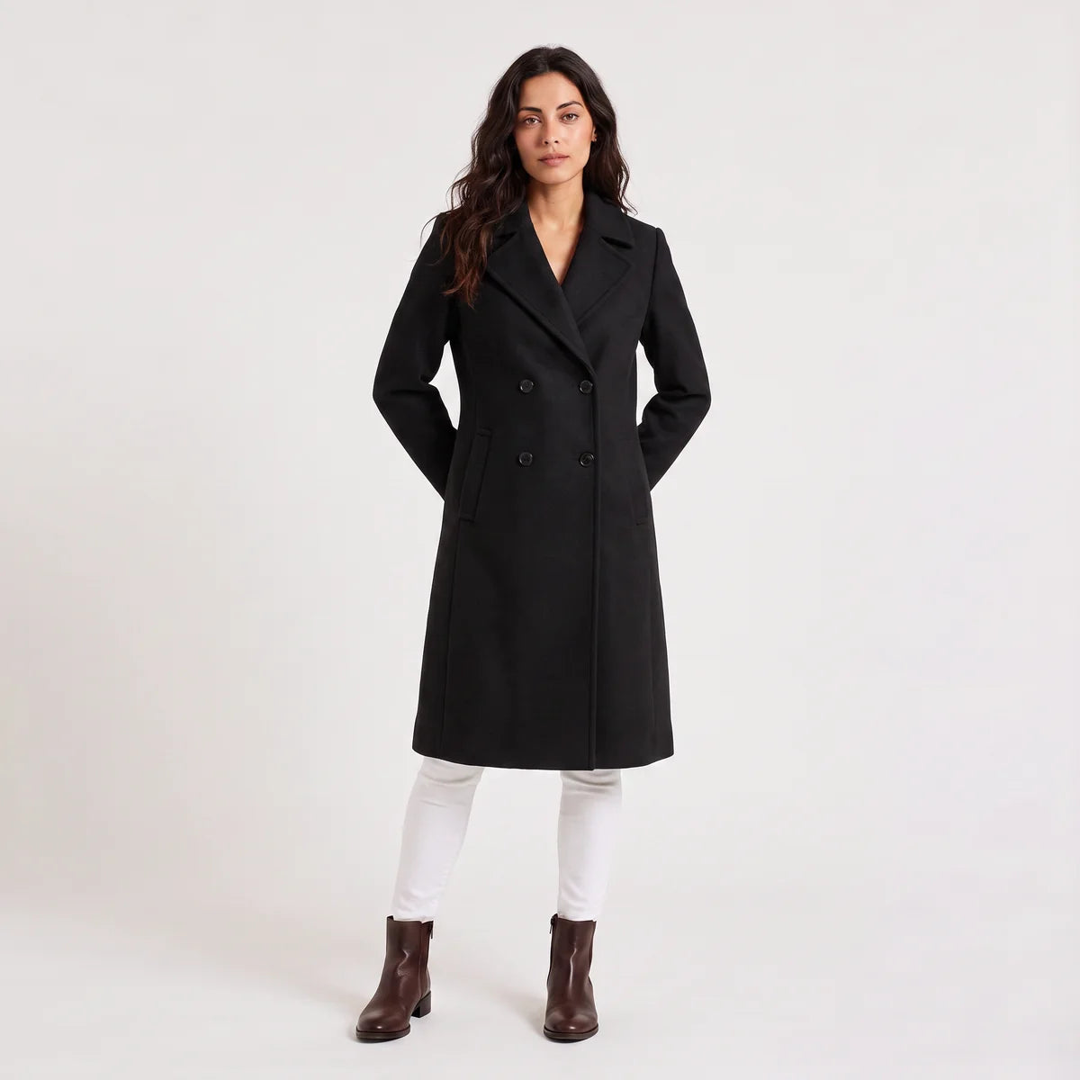 Women's Double-Breasted Tailored Long Coat – Notched Lapel | Nero & Luya