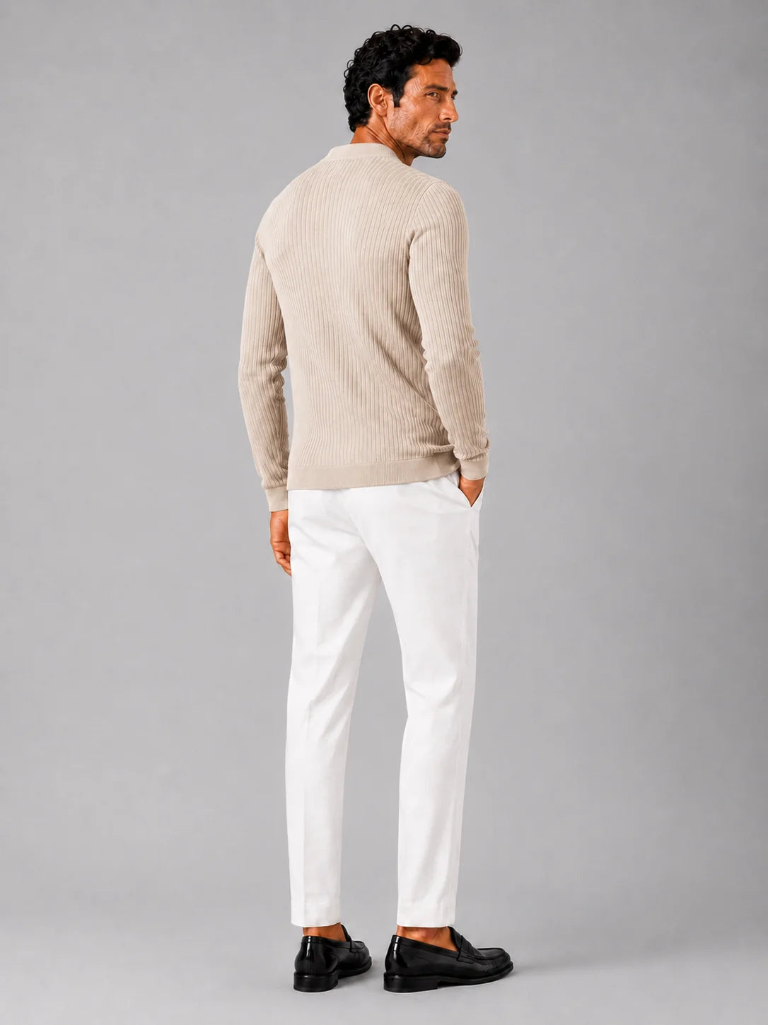 Men's Ribbed Knit Henley Sweater – Long Sleeve Collarless Polo | Nero & Luya