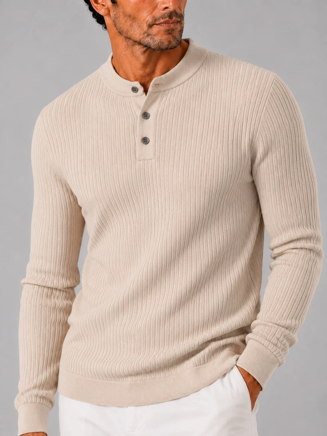 Men's Ribbed Knit Henley Sweater – Long Sleeve Collarless Polo | Nero & Luya