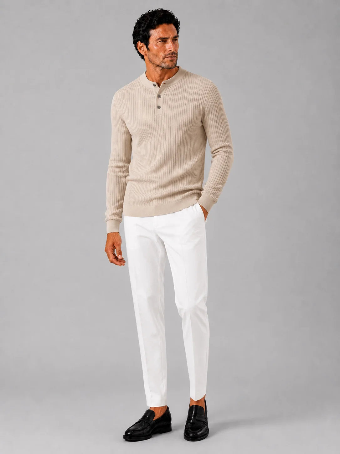 Men's Ribbed Knit Henley Sweater – Long Sleeve Collarless Polo | Nero & Luya