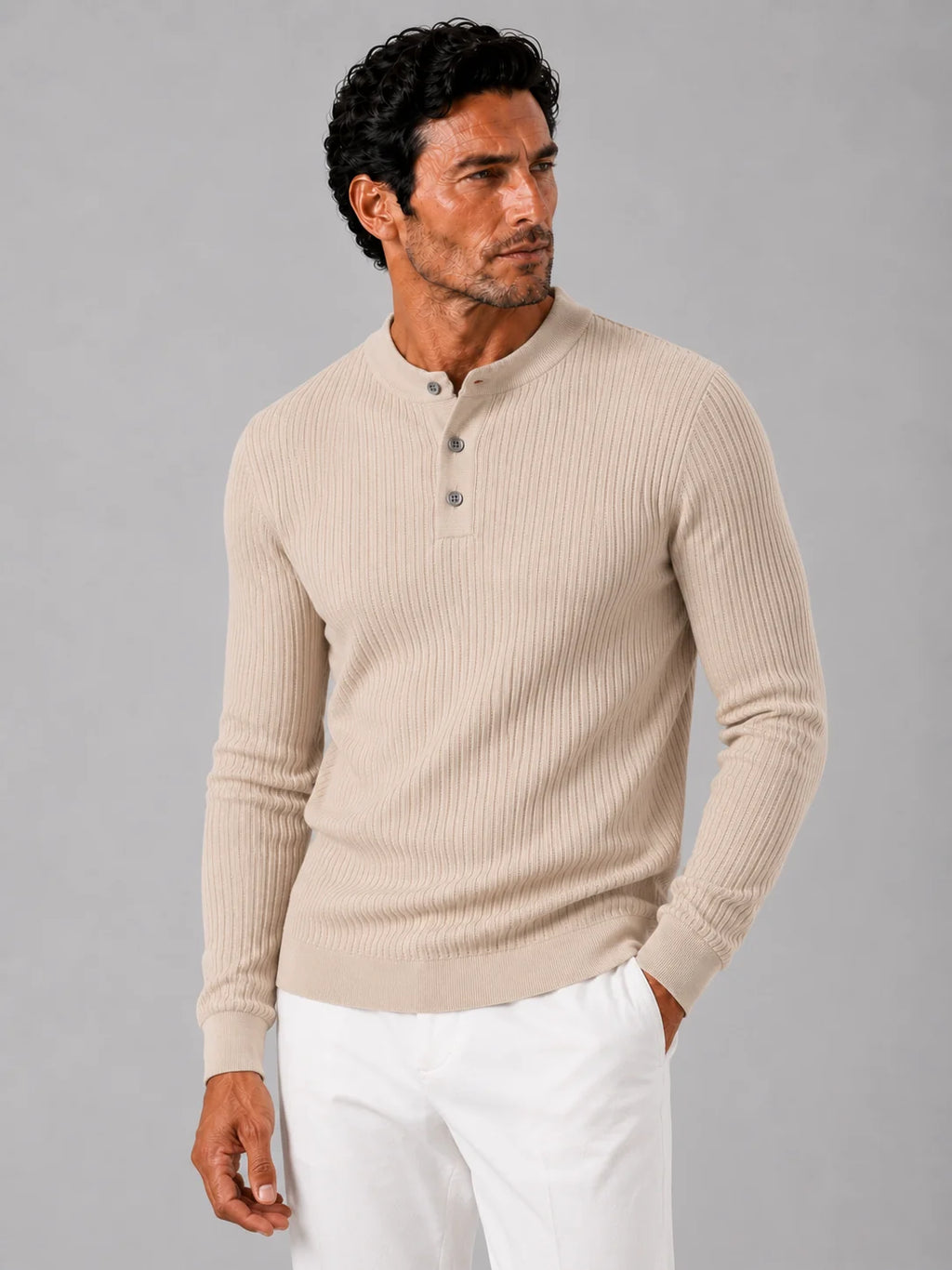 Men's Ribbed Knit Henley Sweater – Long Sleeve Collarless Polo | Nero & Luya