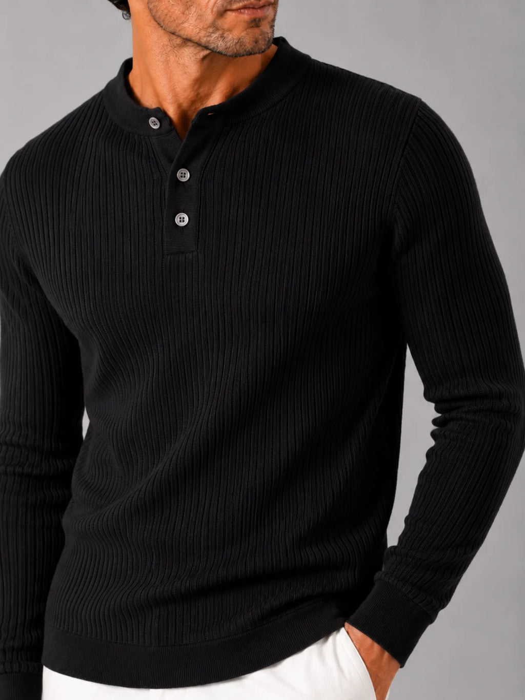 Men's Ribbed Knit Henley Sweater – Long Sleeve Collarless Polo | Nero & Luya