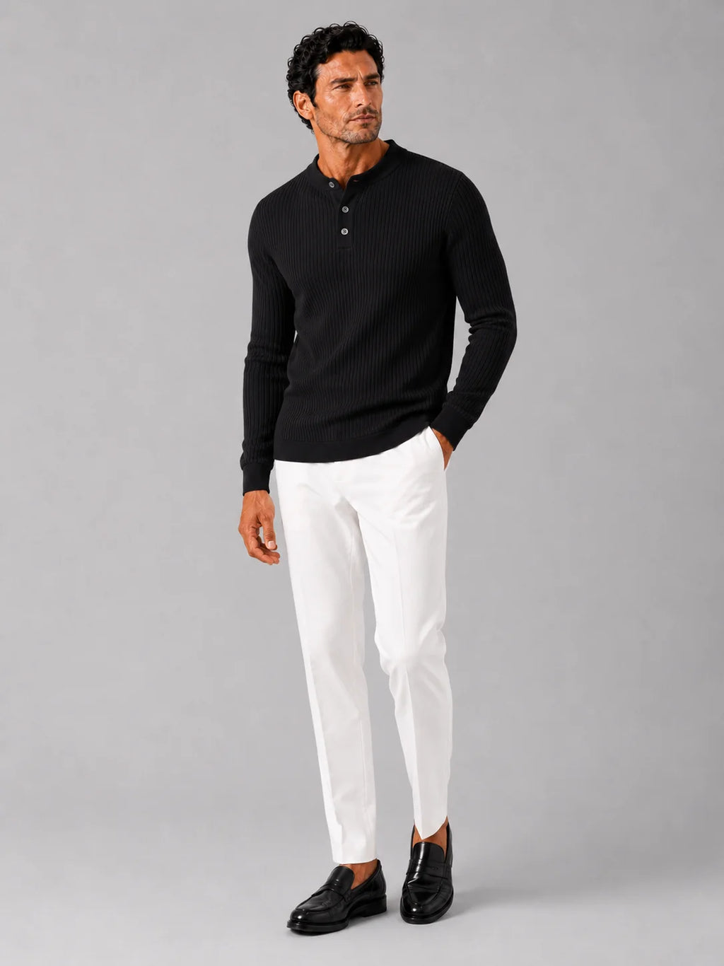 Men's Ribbed Knit Henley Sweater – Long Sleeve Collarless Polo | Nero & Luya