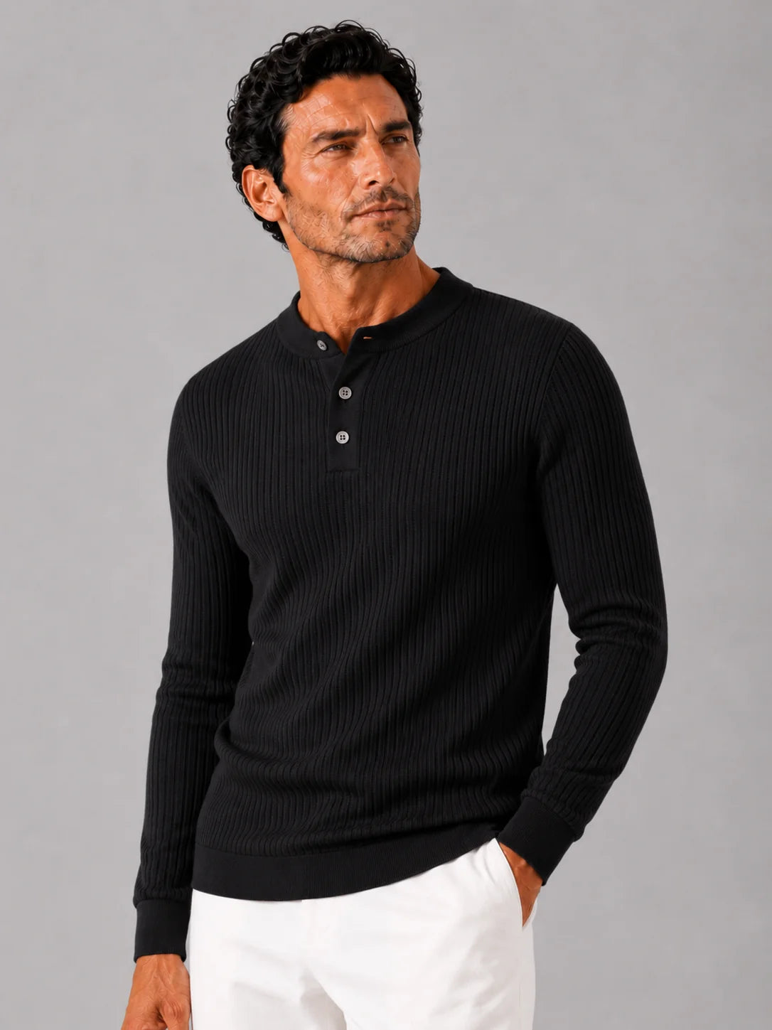 Men's Ribbed Knit Henley Sweater – Long Sleeve Collarless Polo | Nero & Luya