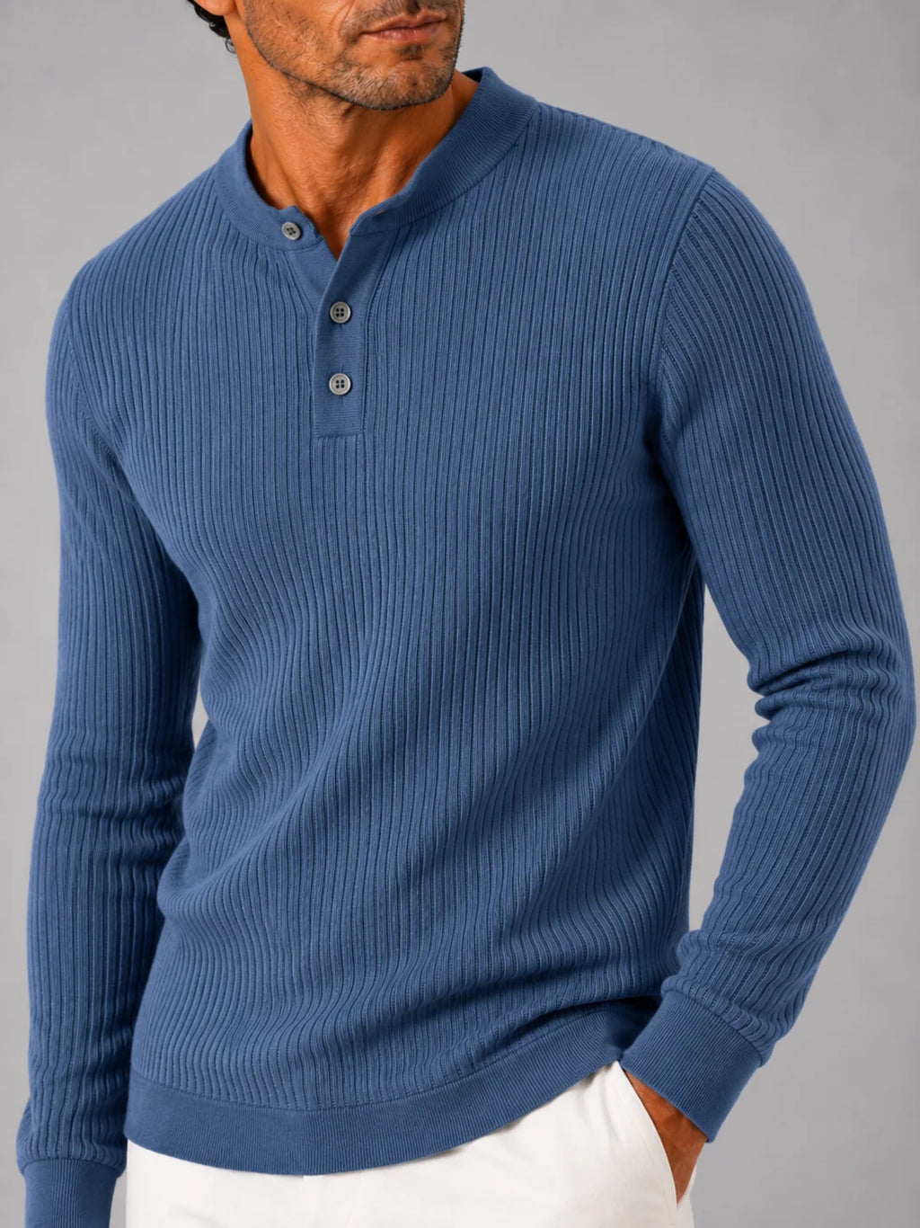 Men's Ribbed Knit Henley Sweater – Long Sleeve Collarless Polo | Nero & Luya