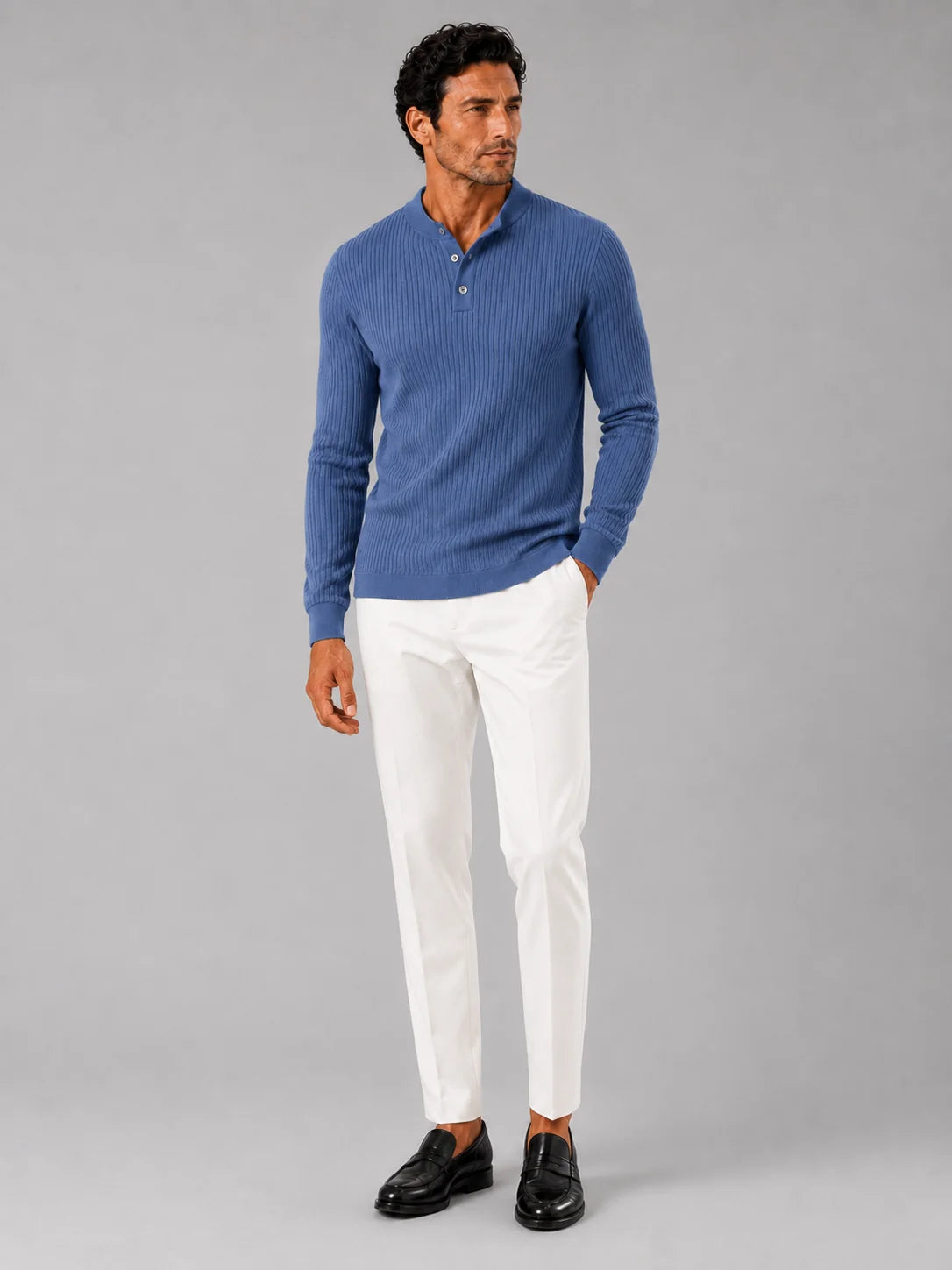 Men's Ribbed Knit Henley Sweater – Long Sleeve Collarless Polo | Nero & Luya
