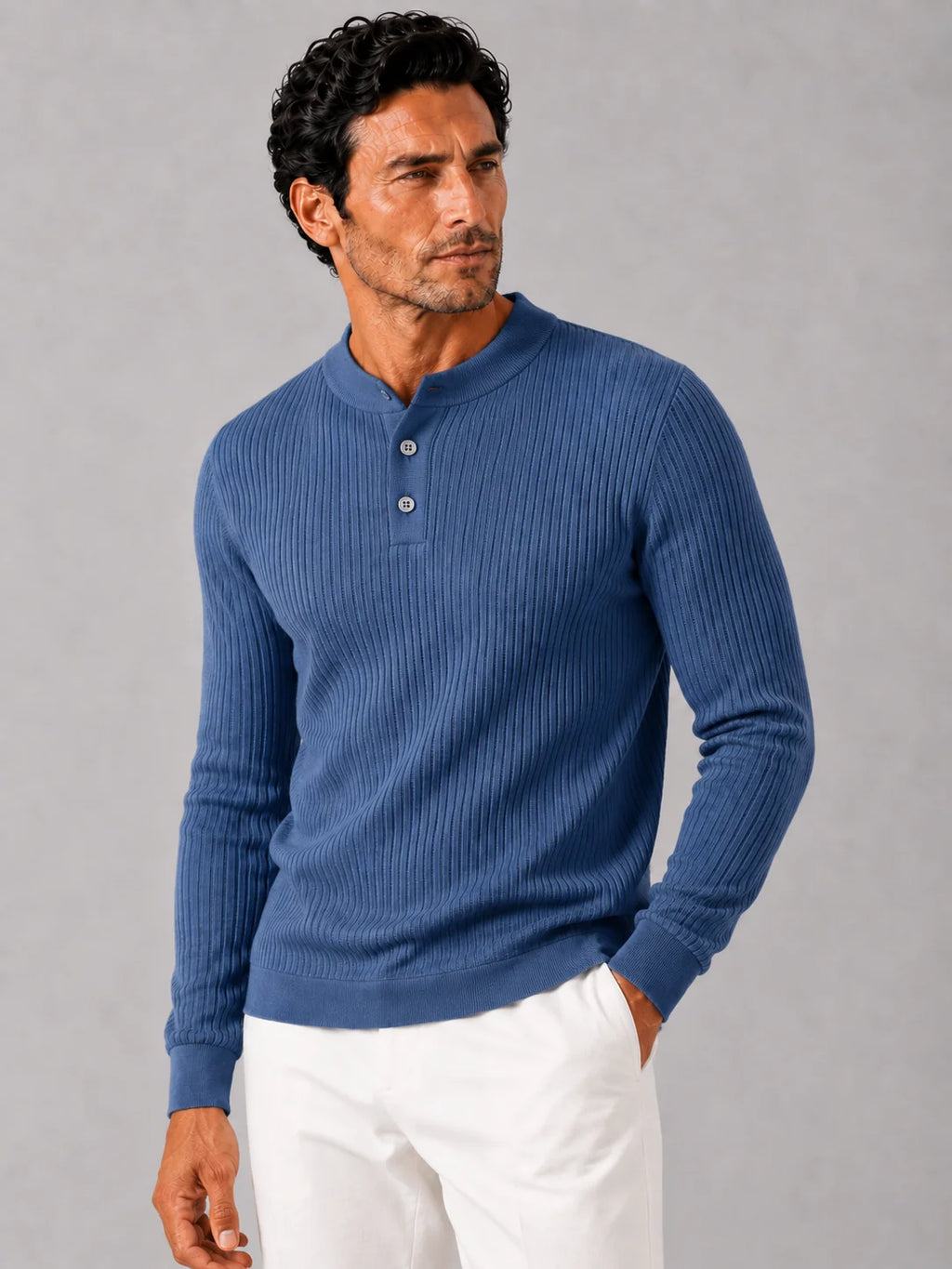 Men's Ribbed Knit Henley Sweater – Long Sleeve Collarless Polo | Nero & Luya