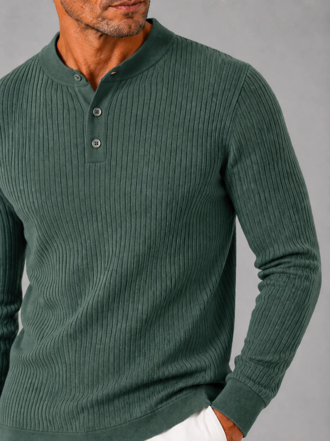 Men's Ribbed Knit Henley Sweater – Long Sleeve Collarless Polo | Nero & Luya