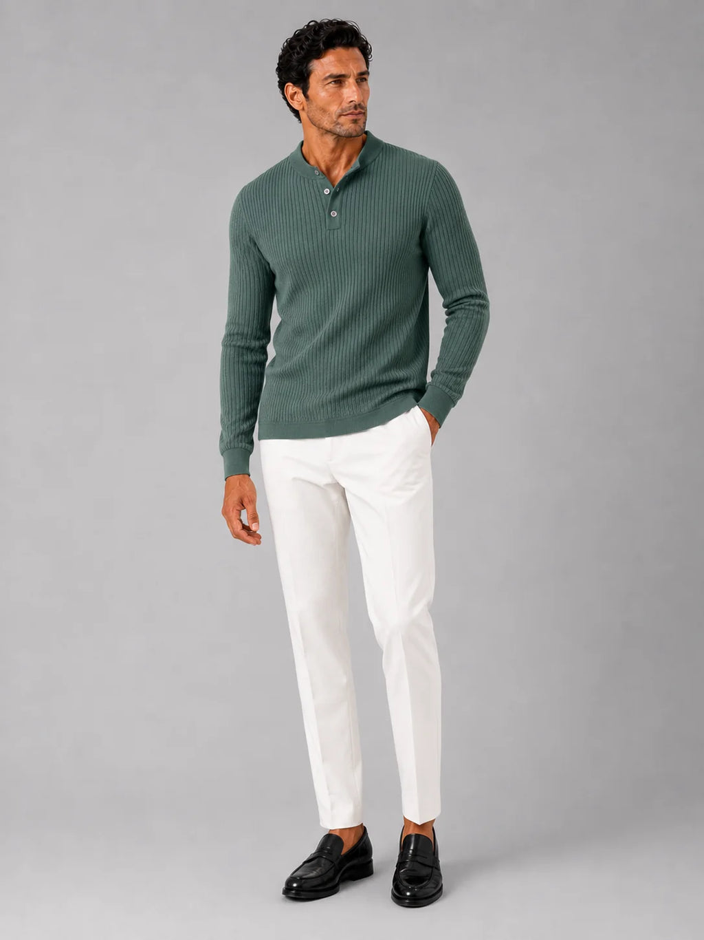 Men's Ribbed Knit Henley Sweater – Long Sleeve Collarless Polo | Nero & Luya