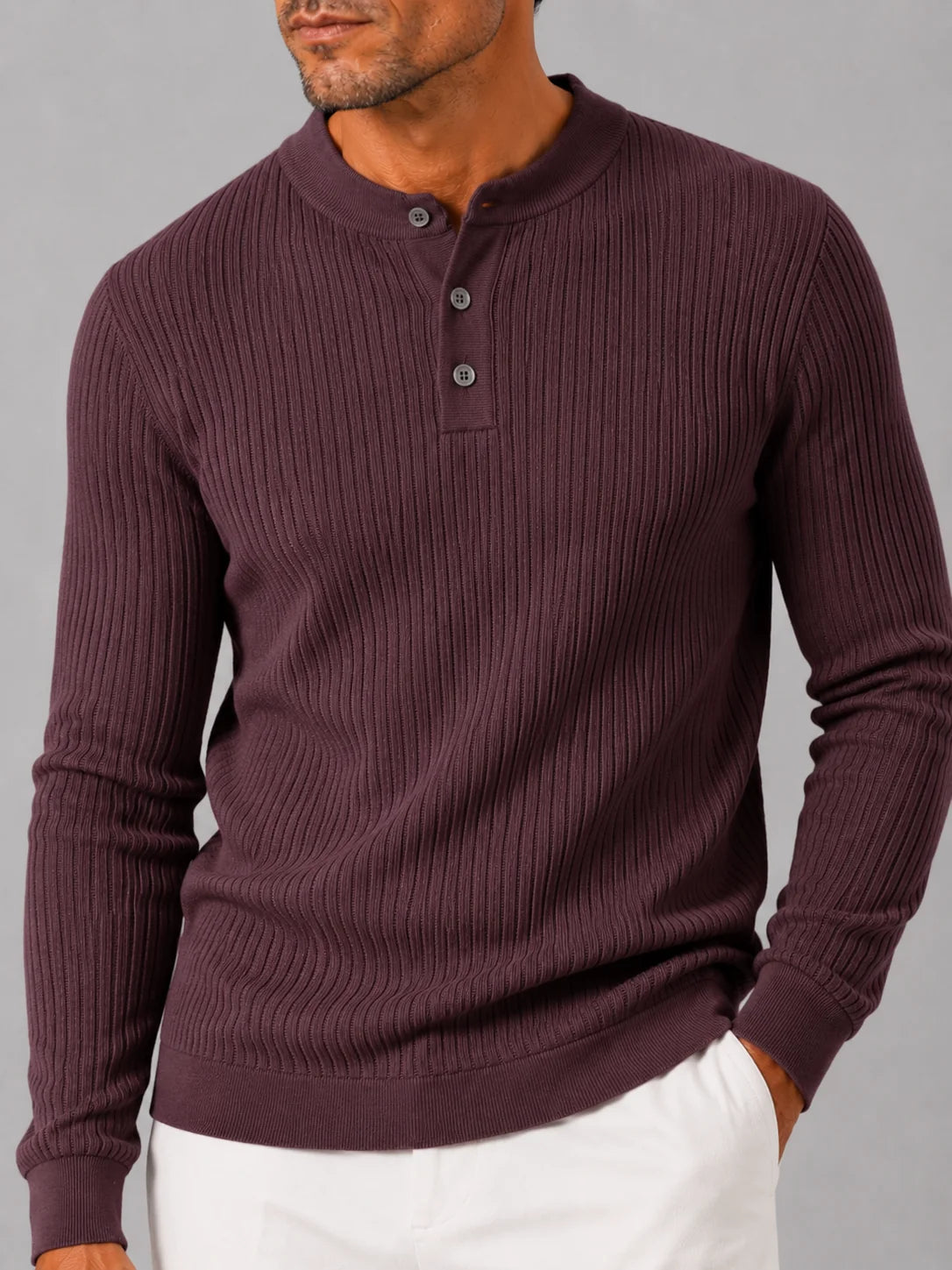 Men's Ribbed Knit Henley Sweater – Long Sleeve Collarless Polo | Nero & Luya