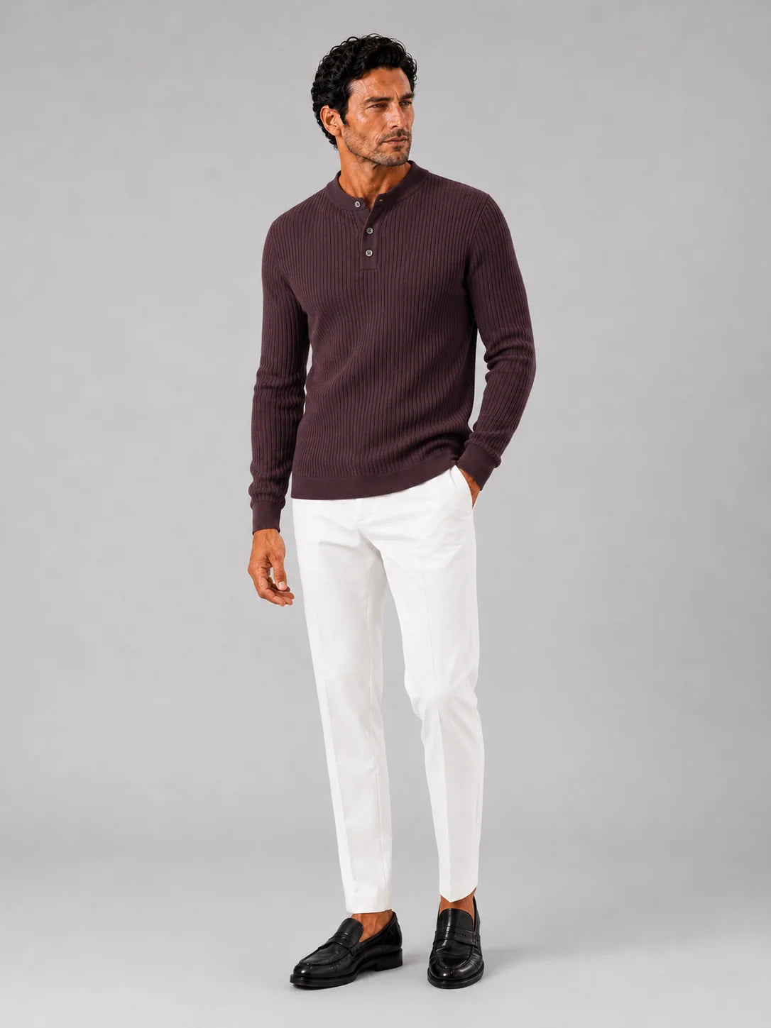 Men's Ribbed Knit Henley Sweater – Long Sleeve Collarless Polo | Nero & Luya