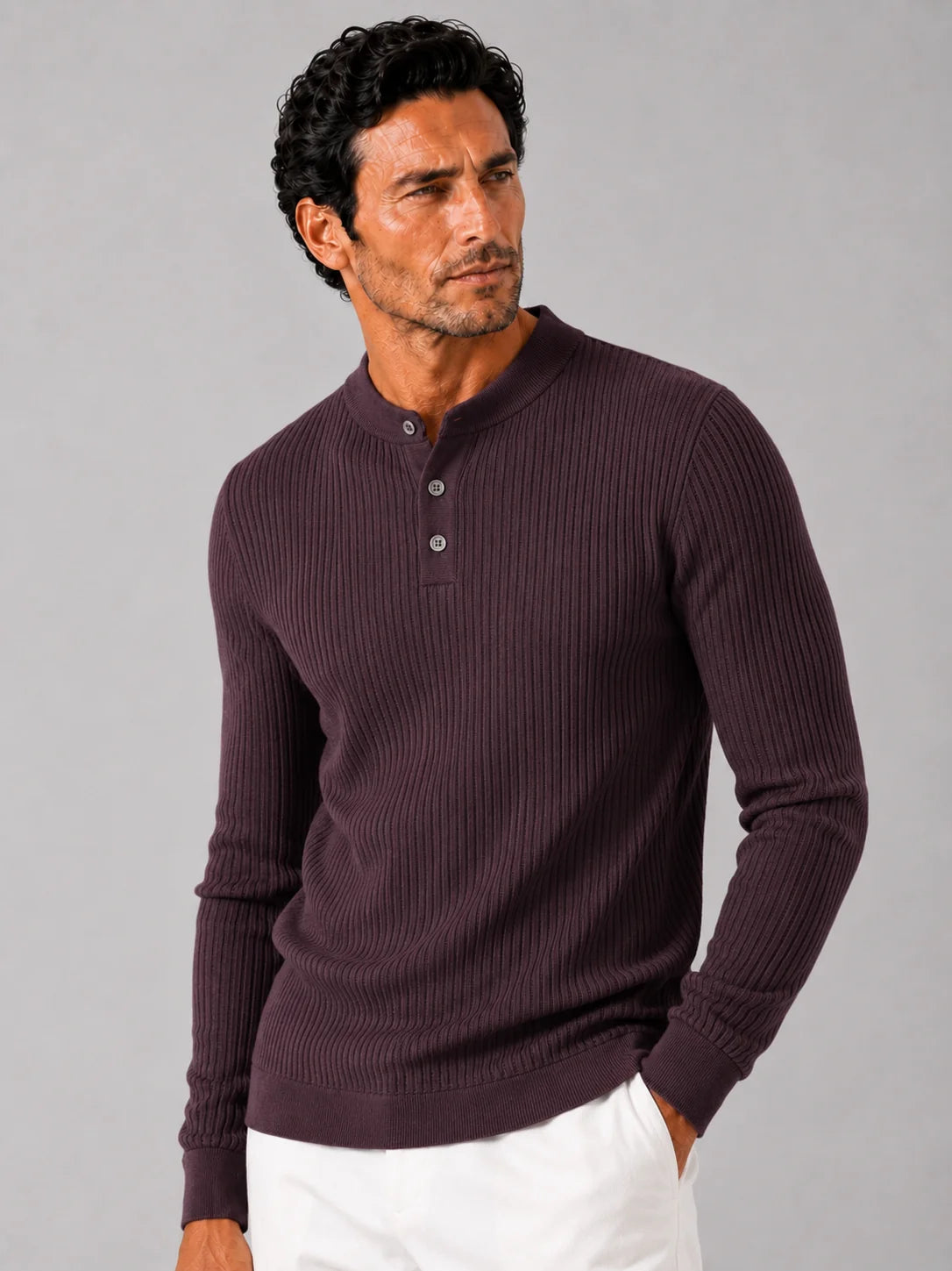 Men's Ribbed Knit Henley Sweater – Long Sleeve Collarless Polo | Nero & Luya