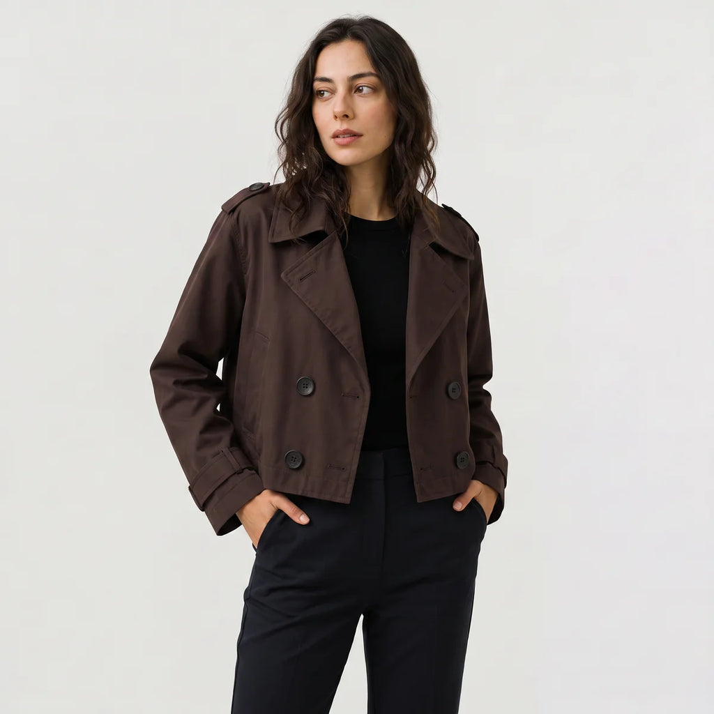 Women's Cropped Double-Breasted Trench Jacket – Epaulettes & Wide Lapel | Nero & Luya