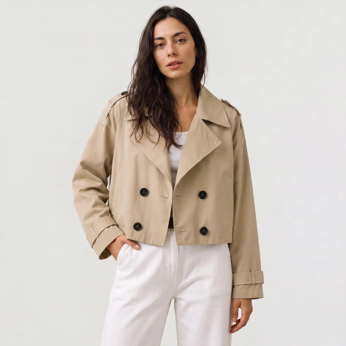 Women's Cropped Double-Breasted Trench Jacket – Epaulettes & Wide Lapel | Nero & Luya