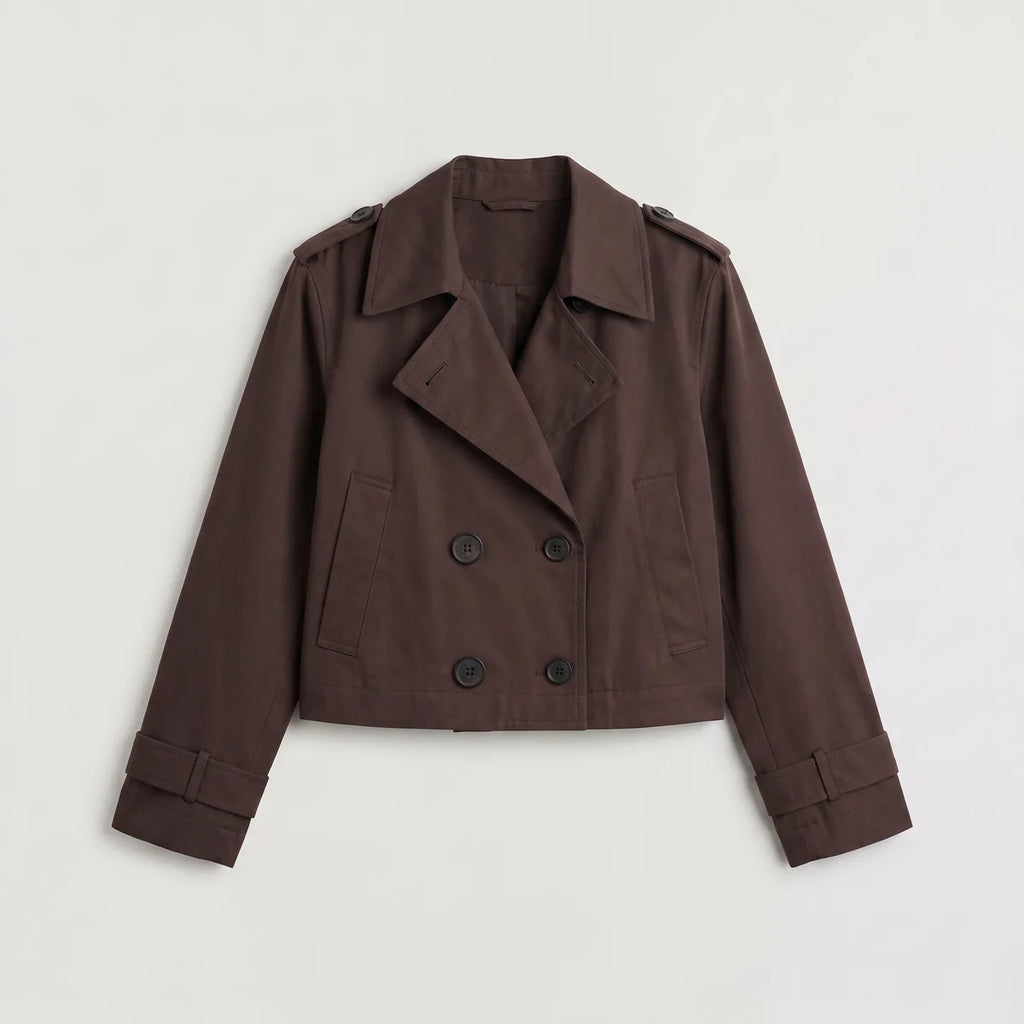 Women's Cropped Double-Breasted Trench Jacket – Epaulettes & Wide Lapel | Nero & Luya