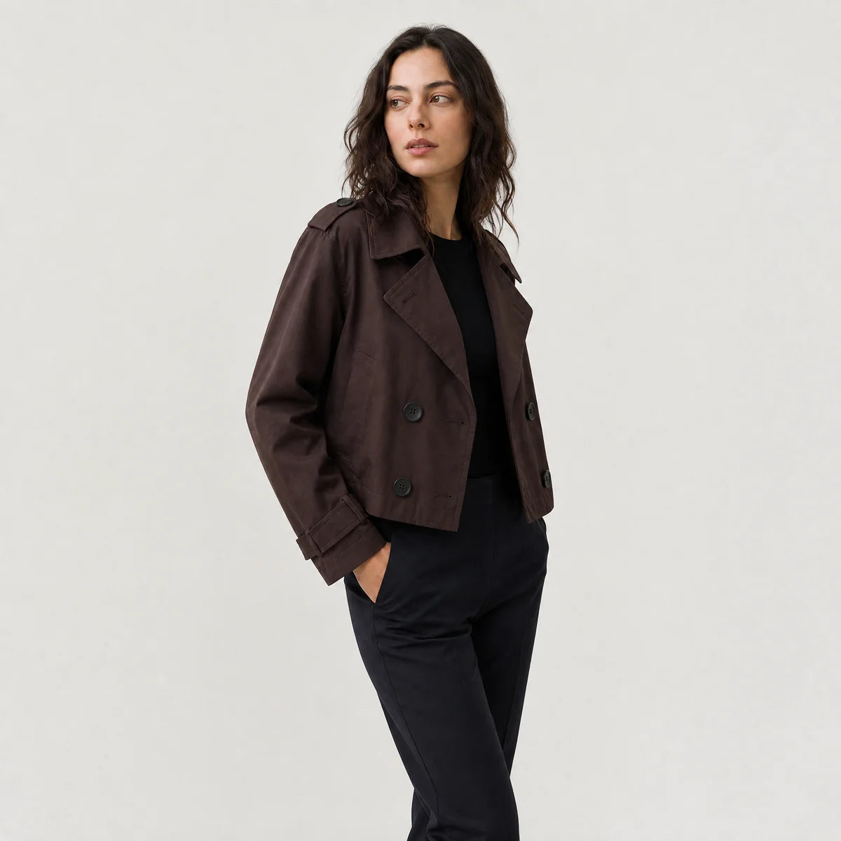 Women's Cropped Double-Breasted Trench Jacket – Epaulettes & Wide Lapel | Nero & Luya