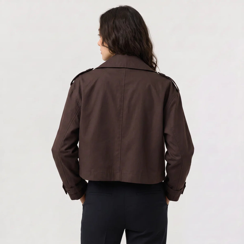Women's Cropped Double-Breasted Trench Jacket – Epaulettes & Wide Lapel | Nero & Luya