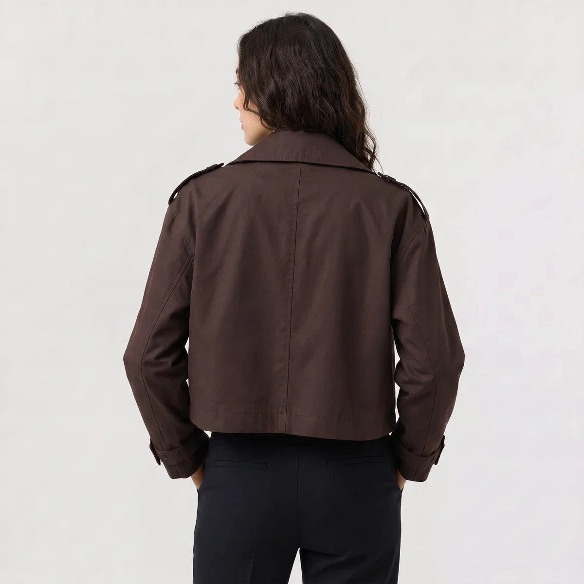 Women's Cropped Double-Breasted Trench Jacket – Epaulettes & Wide Lapel | Nero & Luya