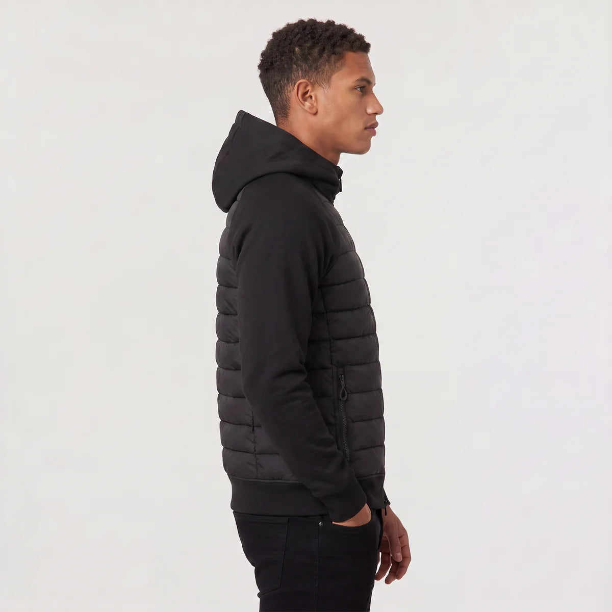 Men's Hooded Puffer Jacket – Hybrid Quilted Jacket with Knit Sleeves | Nero & Luya