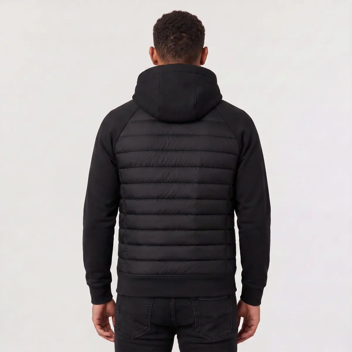 Men's Hooded Puffer Jacket – Hybrid Quilted Jacket with Knit Sleeves | Nero & Luya