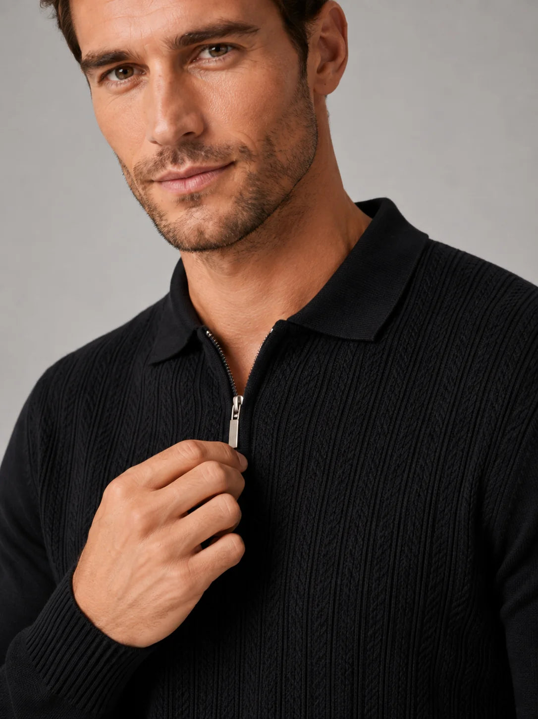Men's Long Sleeve Knit Polo – Slim Fit Quarter Zip Polo Shirt | Nero & Luya