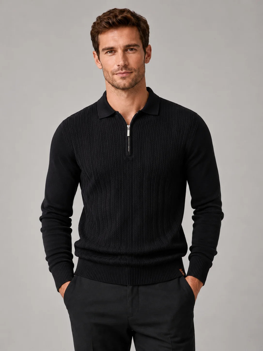 Men's Long Sleeve Knit Polo – Slim Fit Quarter Zip Polo Shirt | Nero & Luya