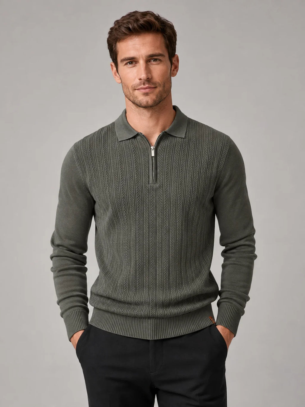 Men's Long Sleeve Knit Polo – Slim Fit Quarter Zip Polo Shirt | Nero & Luya