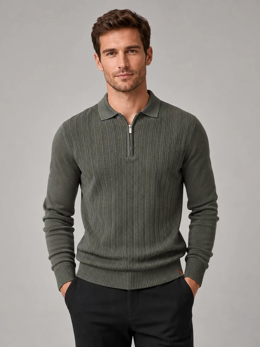 Men's Long Sleeve Knit Polo – Slim Fit Quarter Zip Polo Shirt | Nero & Luya
