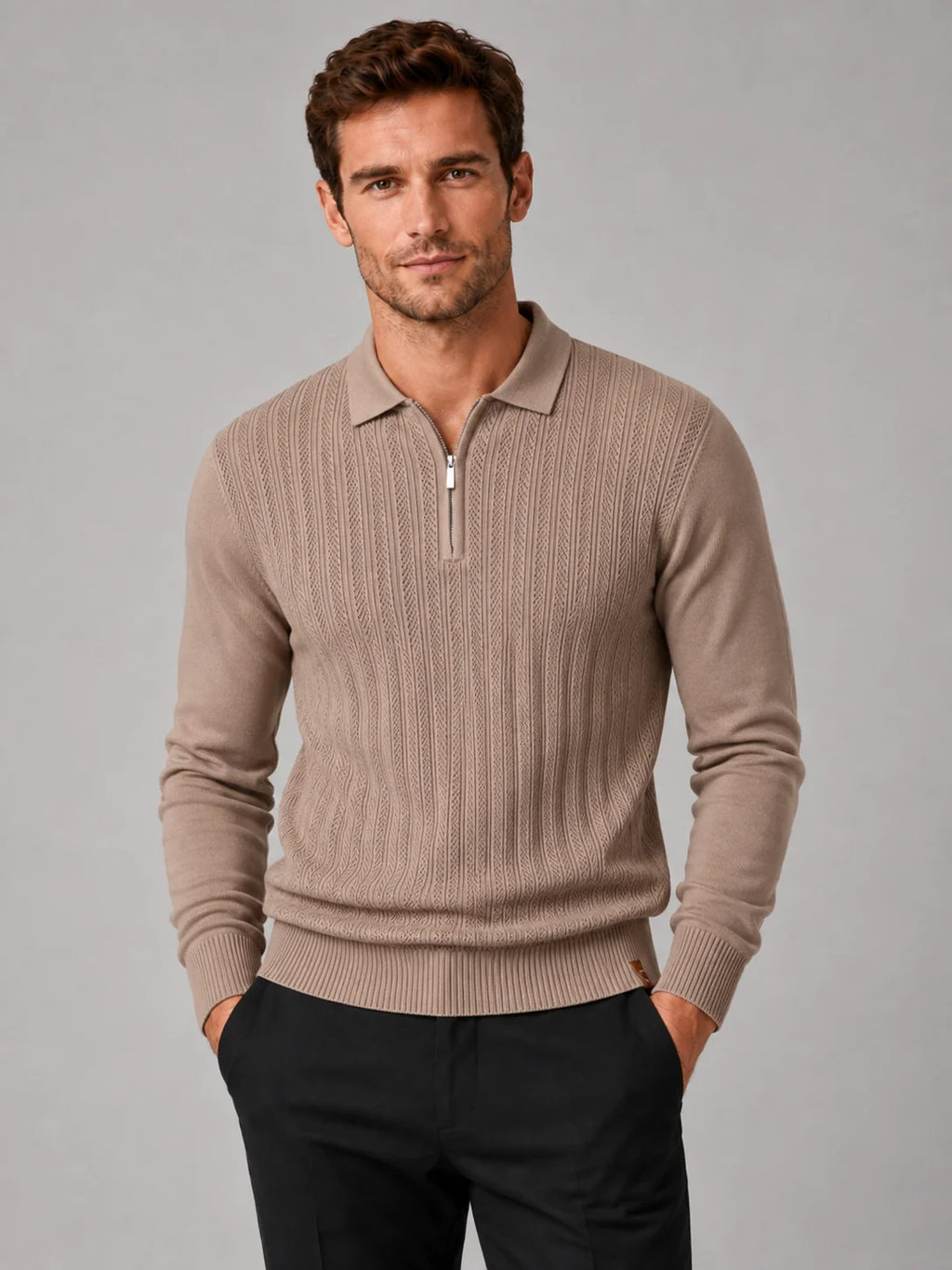 Men's Long Sleeve Knit Polo – Slim Fit Quarter Zip Polo Shirt | Nero & Luya