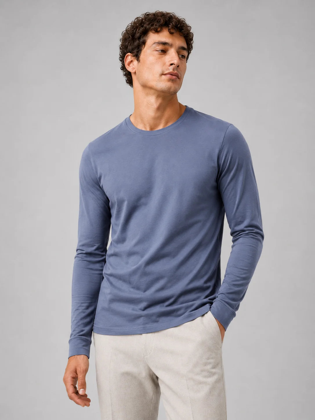 Men's Cotton Long Sleeve T-Shirt – Fitted Crew Neck Basic Tee | Nero & Luya