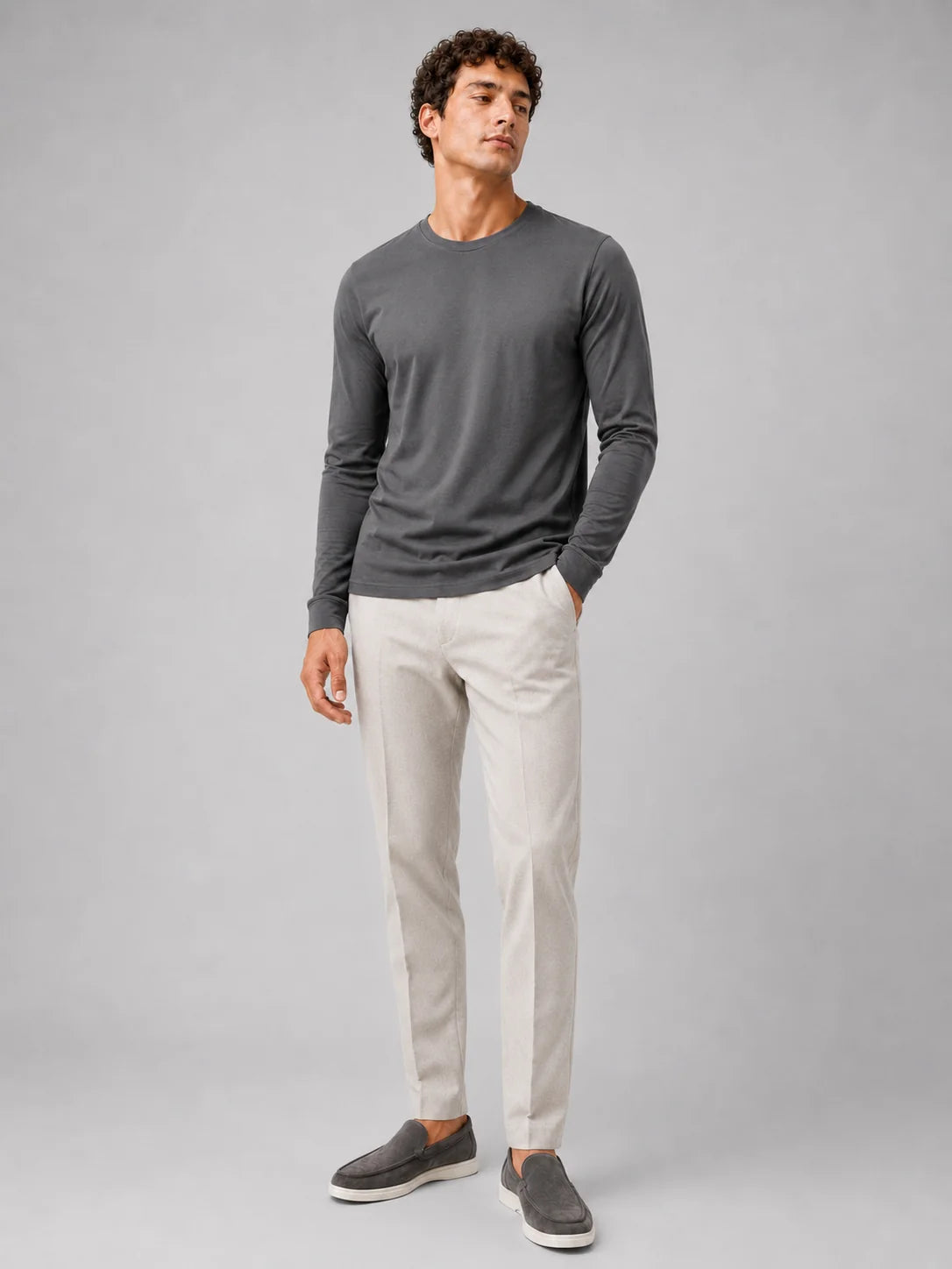 Men's Cotton Long Sleeve T-Shirt – Fitted Crew Neck Basic Tee | Nero & Luya