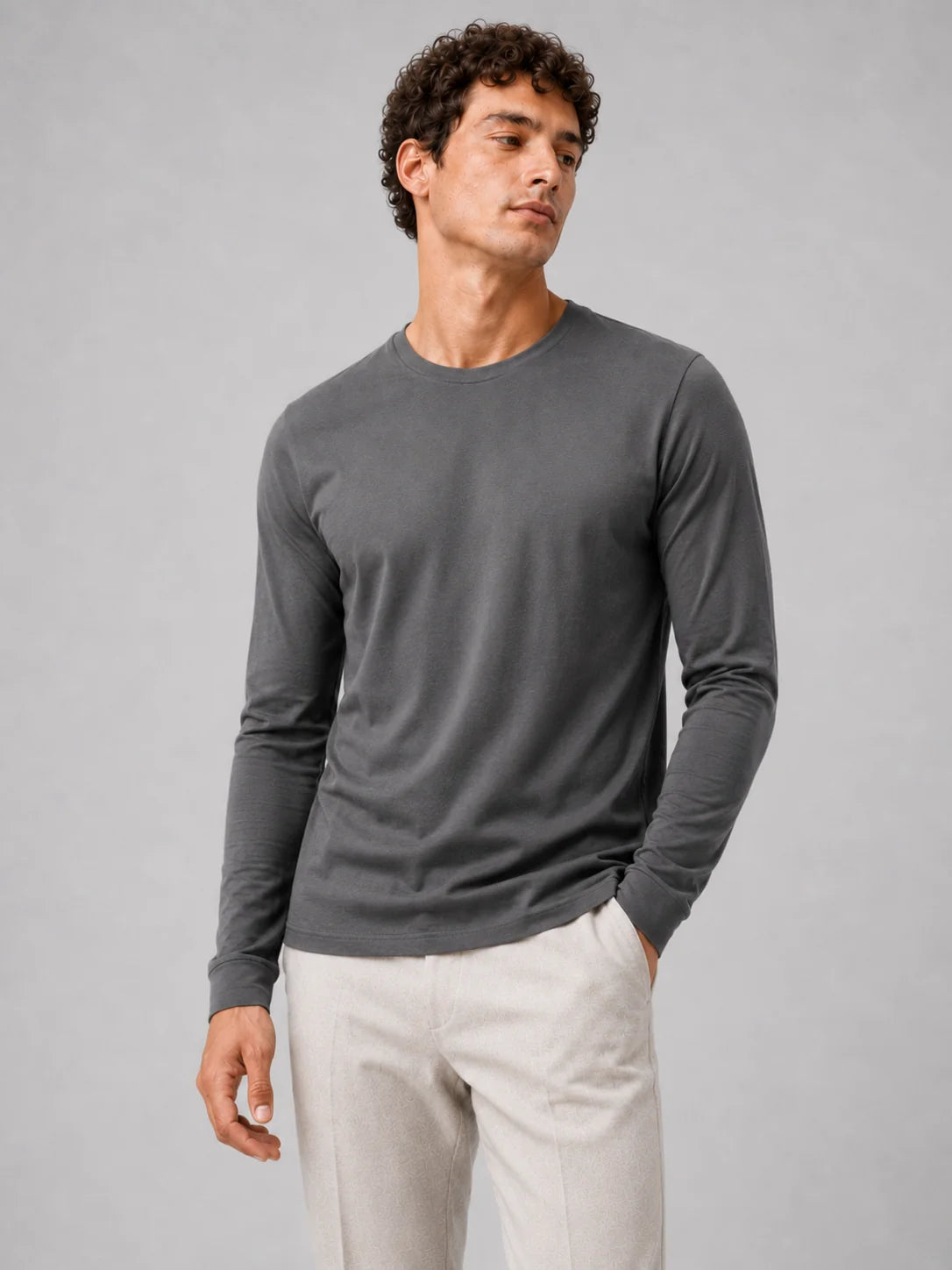 Men's Cotton Long Sleeve T-Shirt – Fitted Crew Neck Basic Tee | Nero & Luya