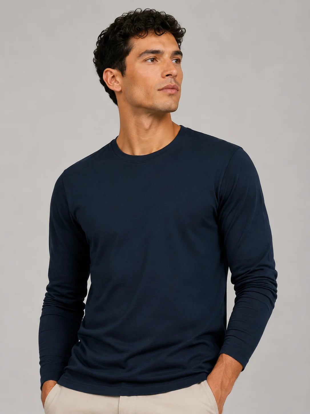 Men's Cotton Long Sleeve T-Shirt – Fitted Crew Neck Basic Tee | Nero & Luya