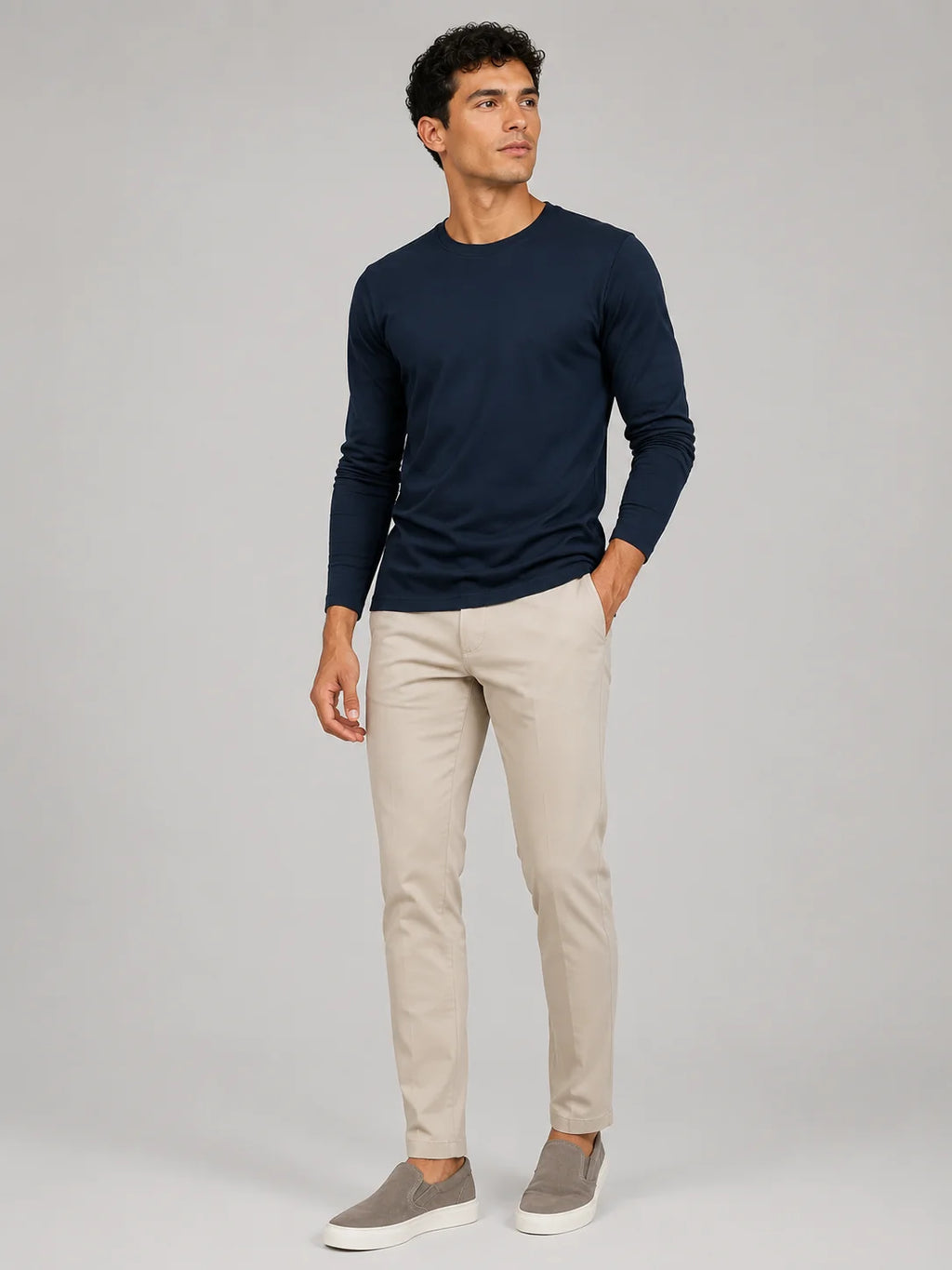 Men's Cotton Long Sleeve T-Shirt – Fitted Crew Neck Basic Tee | Nero & Luya