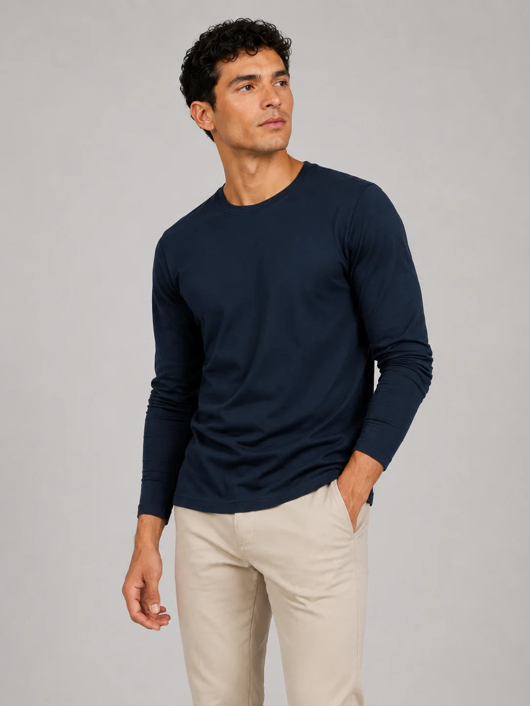 Men's Cotton Long Sleeve T-Shirt – Fitted Crew Neck Basic Tee | Nero & Luya