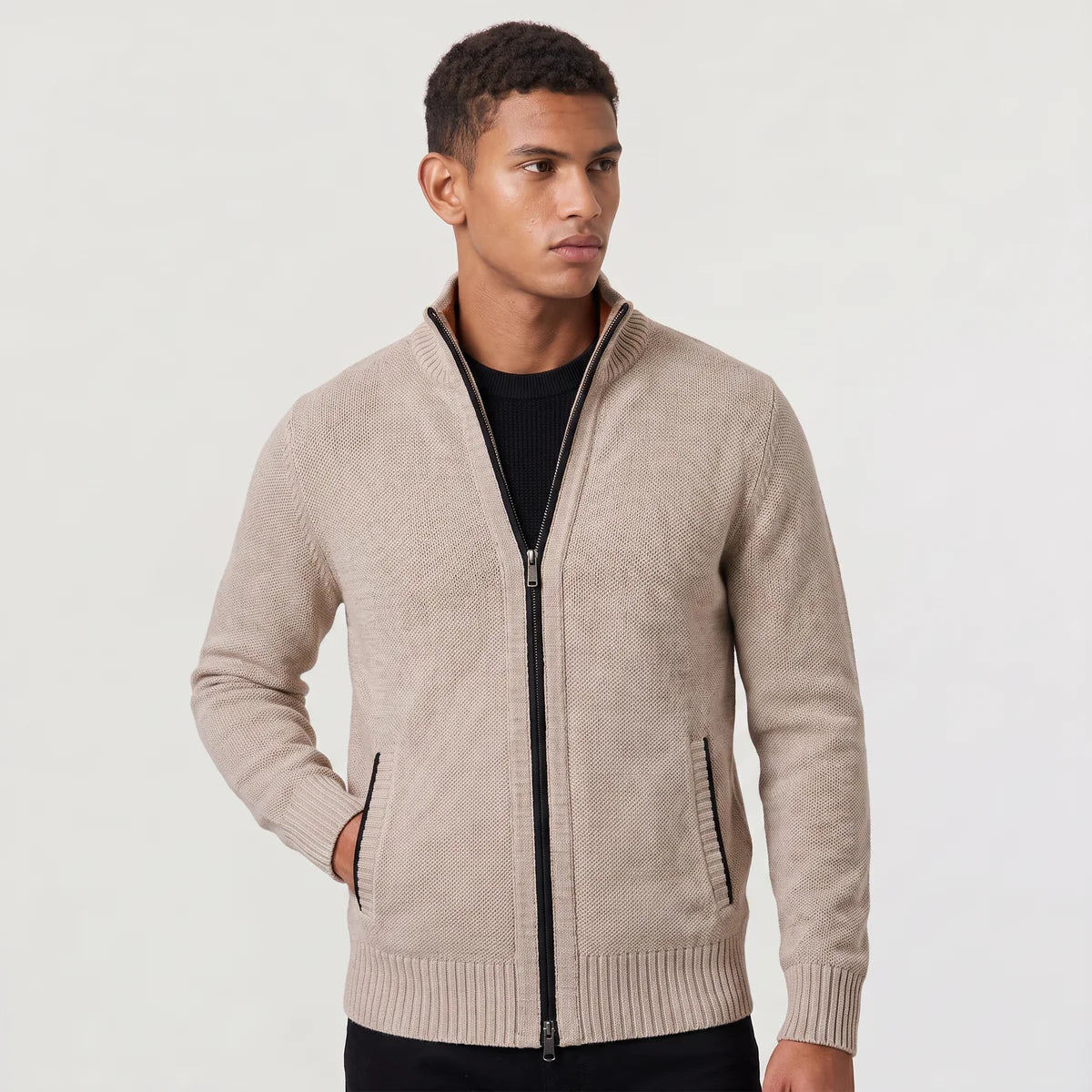 Men's Full-Zip Textured Knit Cardigan – Stand Collar Sweater | Nero & Luya