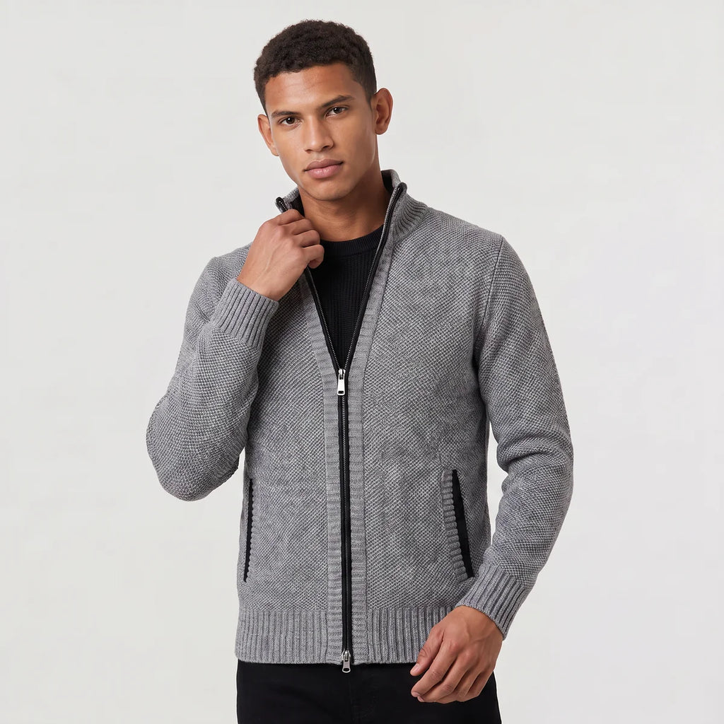 Men's Full-Zip Textured Knit Cardigan – Stand Collar Sweater | Nero & Luya