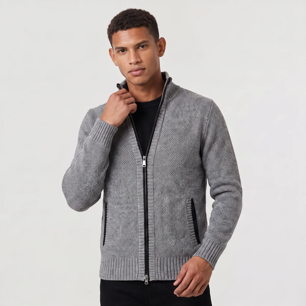 Men's Full-Zip Textured Knit Cardigan – Stand Collar Sweater | Nero & Luya