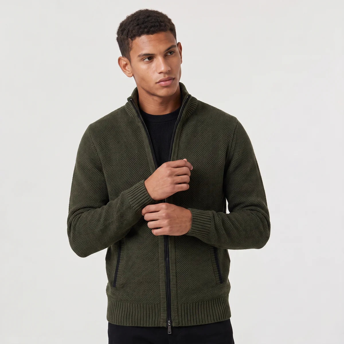 Men's Full-Zip Textured Knit Cardigan – Stand Collar Sweater