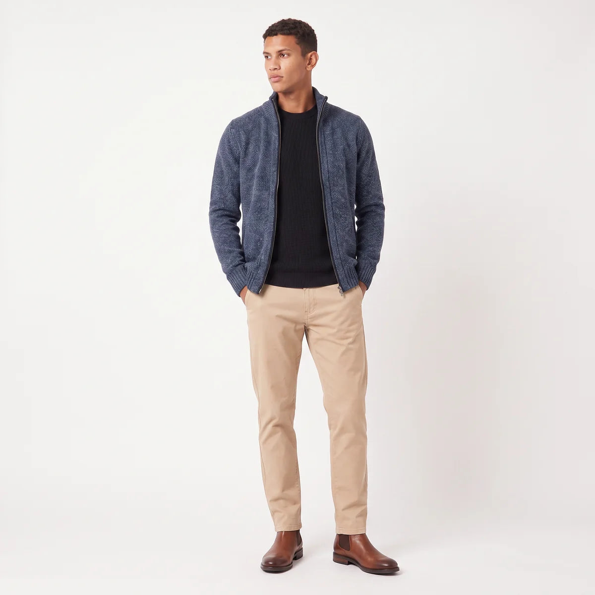 Men's Full-Zip Textured Knit Cardigan – Stand Collar Sweater | Nero & Luya