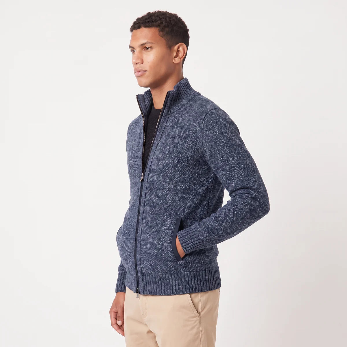 Men's Full-Zip Textured Knit Cardigan – Stand Collar Sweater | Nero & Luya